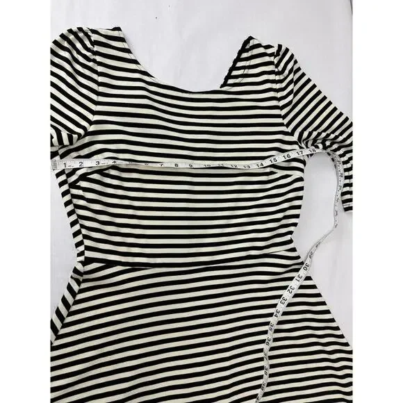 Pixley Kathy Dress Black & Cream Stripes Stretch A-Line Fit & Flare V-Back Large - Picture 7 of 8